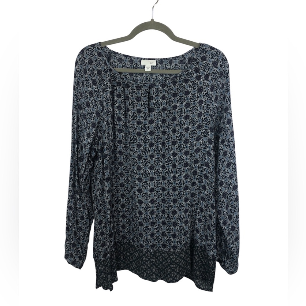 J. Jill Peasant Blouse Top Raglan Blue Geometric Pattern